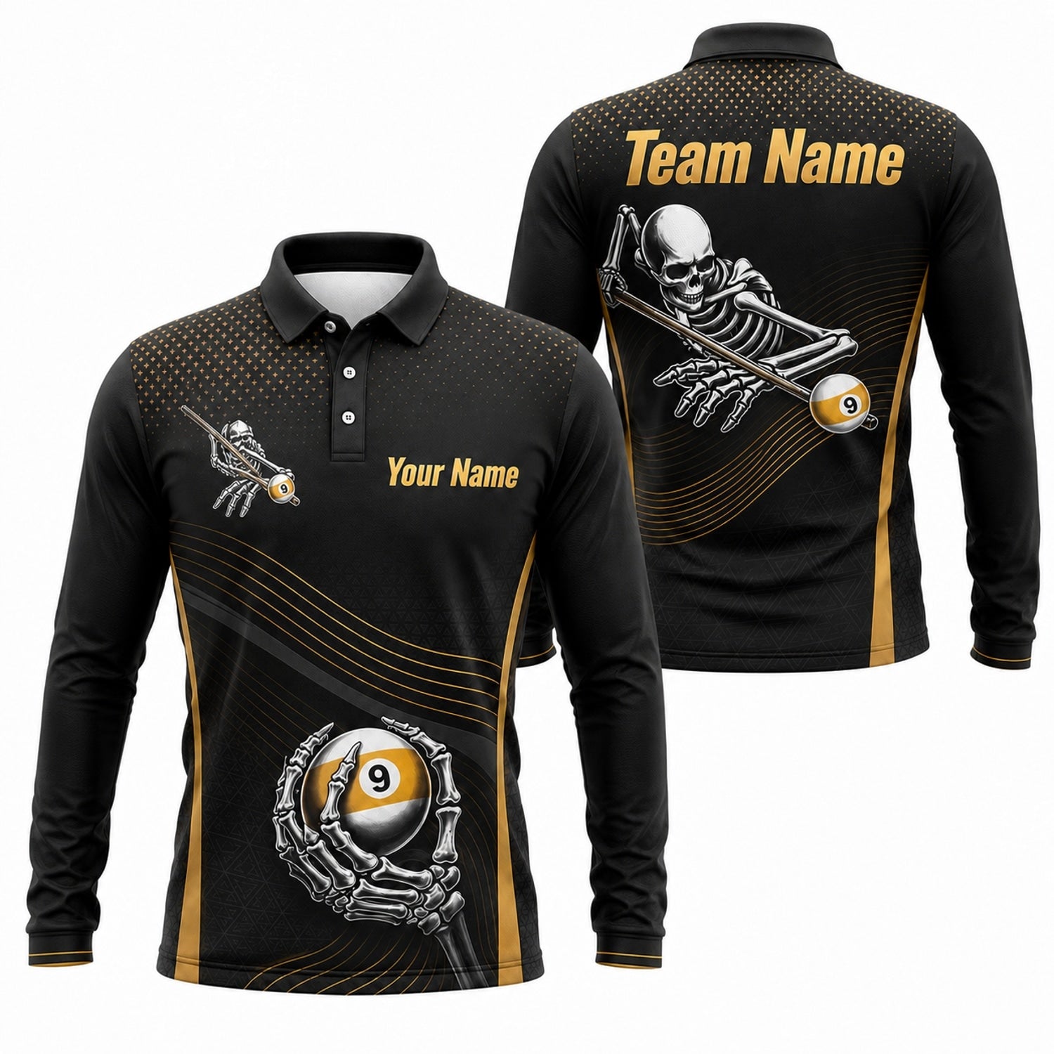 Skeleton 9 Ball Sport Personalized Billiard Polo Shirt Long Sleeve Polo