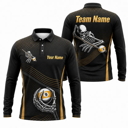 Skeleton 9 Ball Sport Personalized Billiard Polo Shirt Long Sleeve Polo