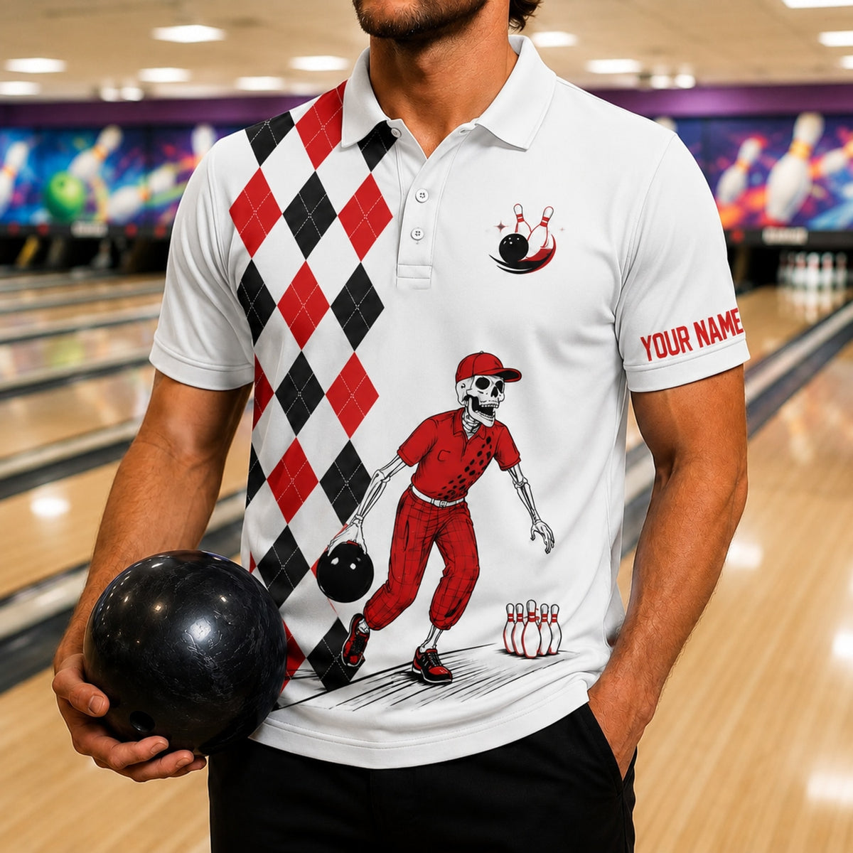 Skeleton Bowling Player Sport Personalized Bowling Polo Shirt Front View