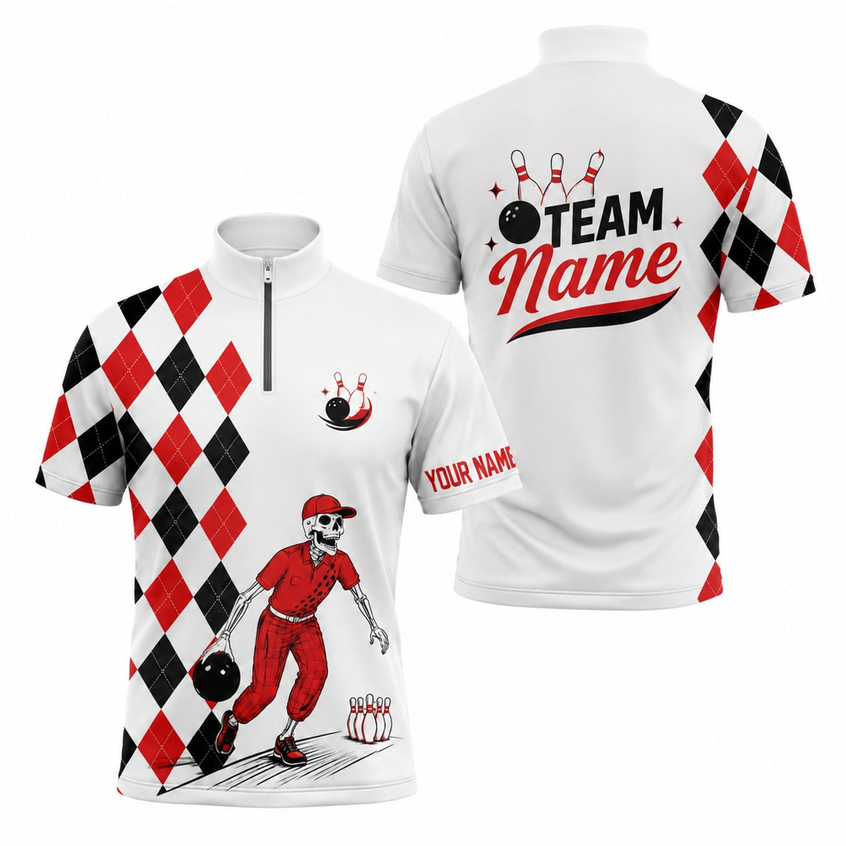 Skeleton Bowling Player Sport Personalized Bowling Polo Shirt Jersey Zip 1 4 Collar