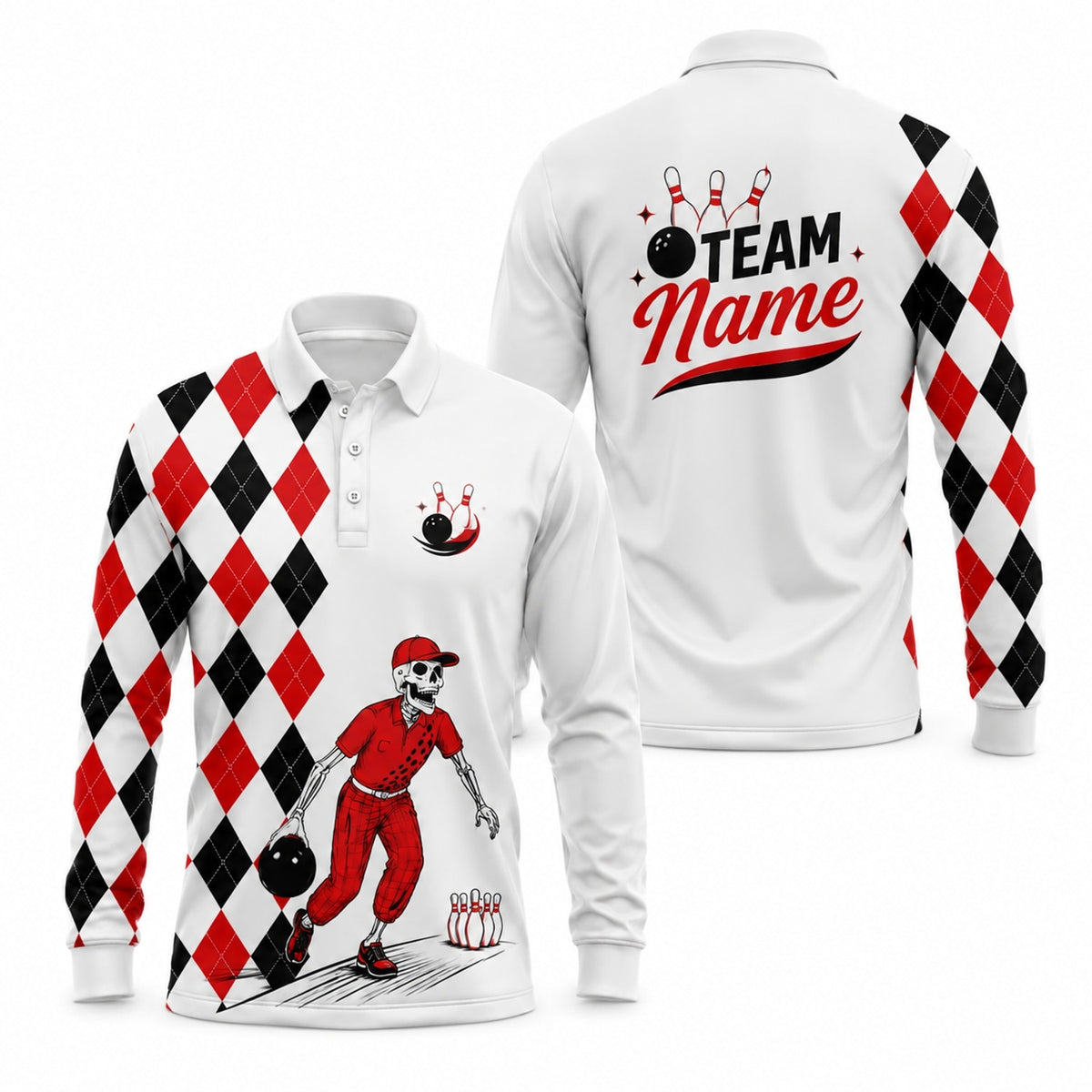 Skeleton Bowling Player Sport Personalized Bowling Polo Shirt Long Sleeve Polo