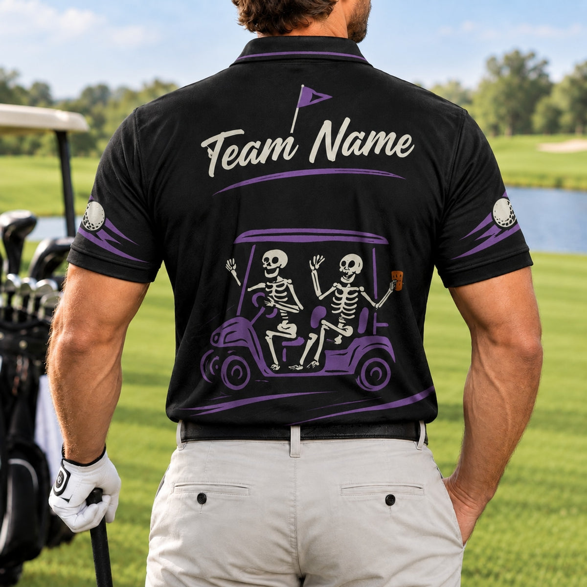 Skeleton Golf Cart Sport Personalized Golf Polo Shirt Back View