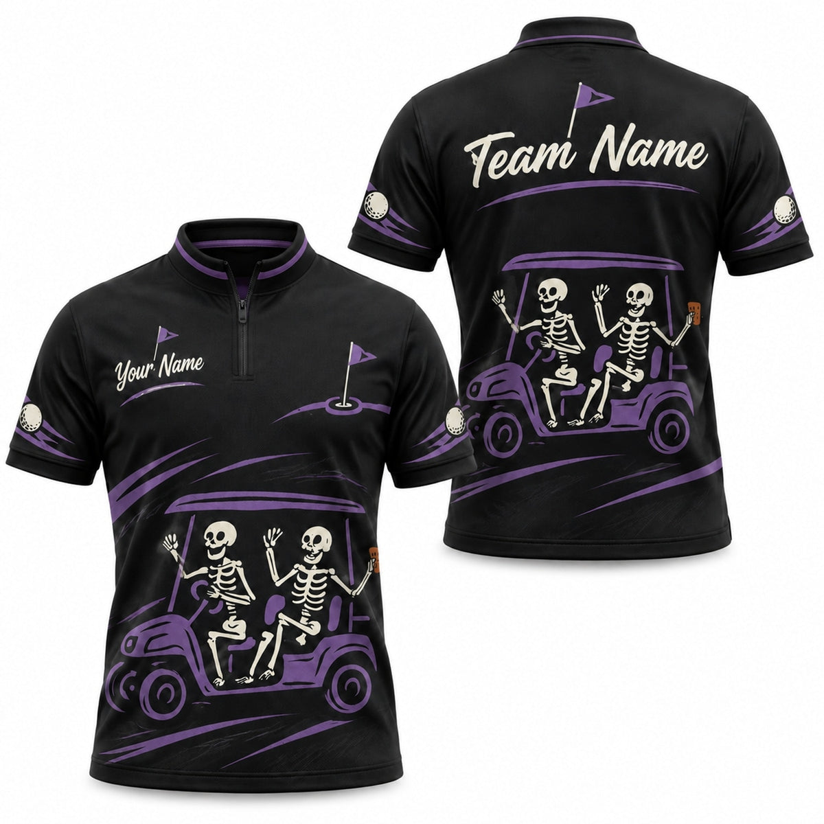 Skeleton Golf Cart Sport Personalized Golf Polo Shirt Jersey Zip 1 4 Collar