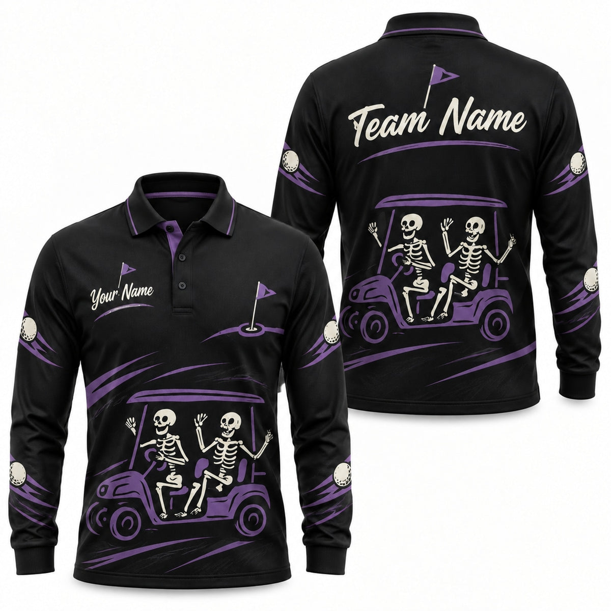 Skeleton Golf Cart Sport Personalized Golf Polo Shirt Long Sleeve Polo