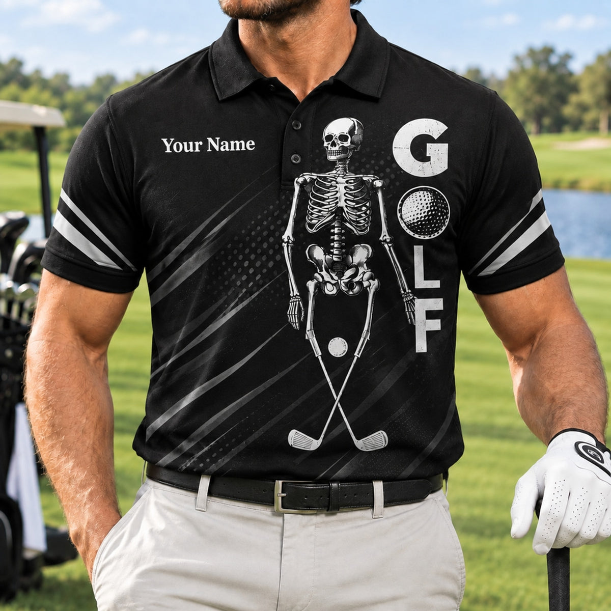 Skeleton Golf Graphic Personalized Golf Polo Shirt Front View