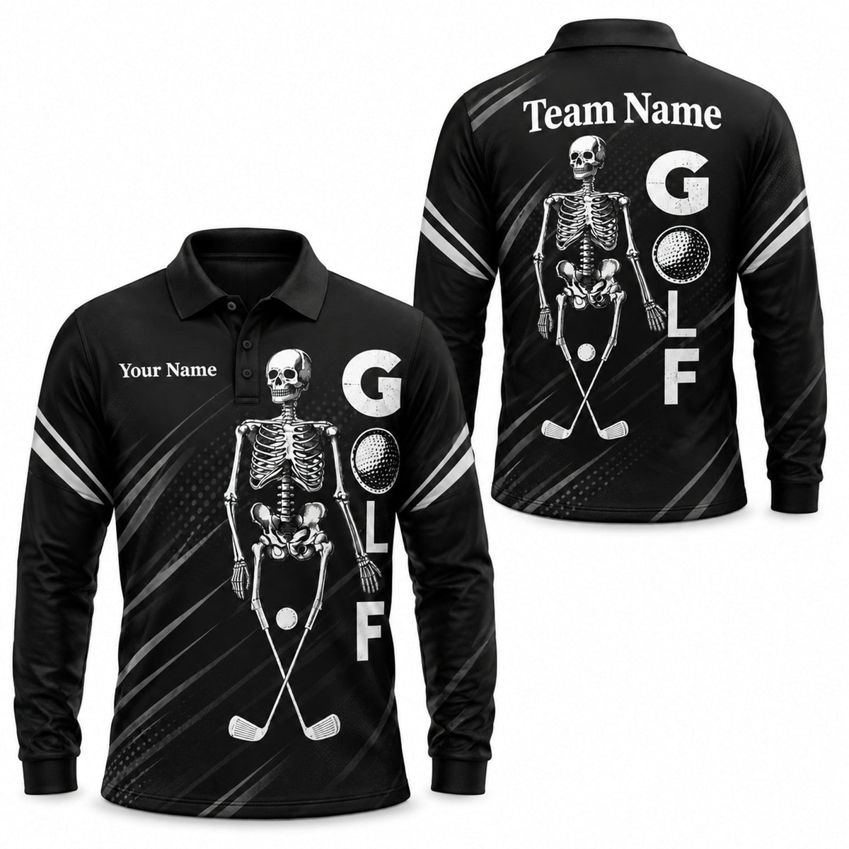 Skeleton Golf Graphic Personalized Golf Polo Shirt Long Sleeve Polo