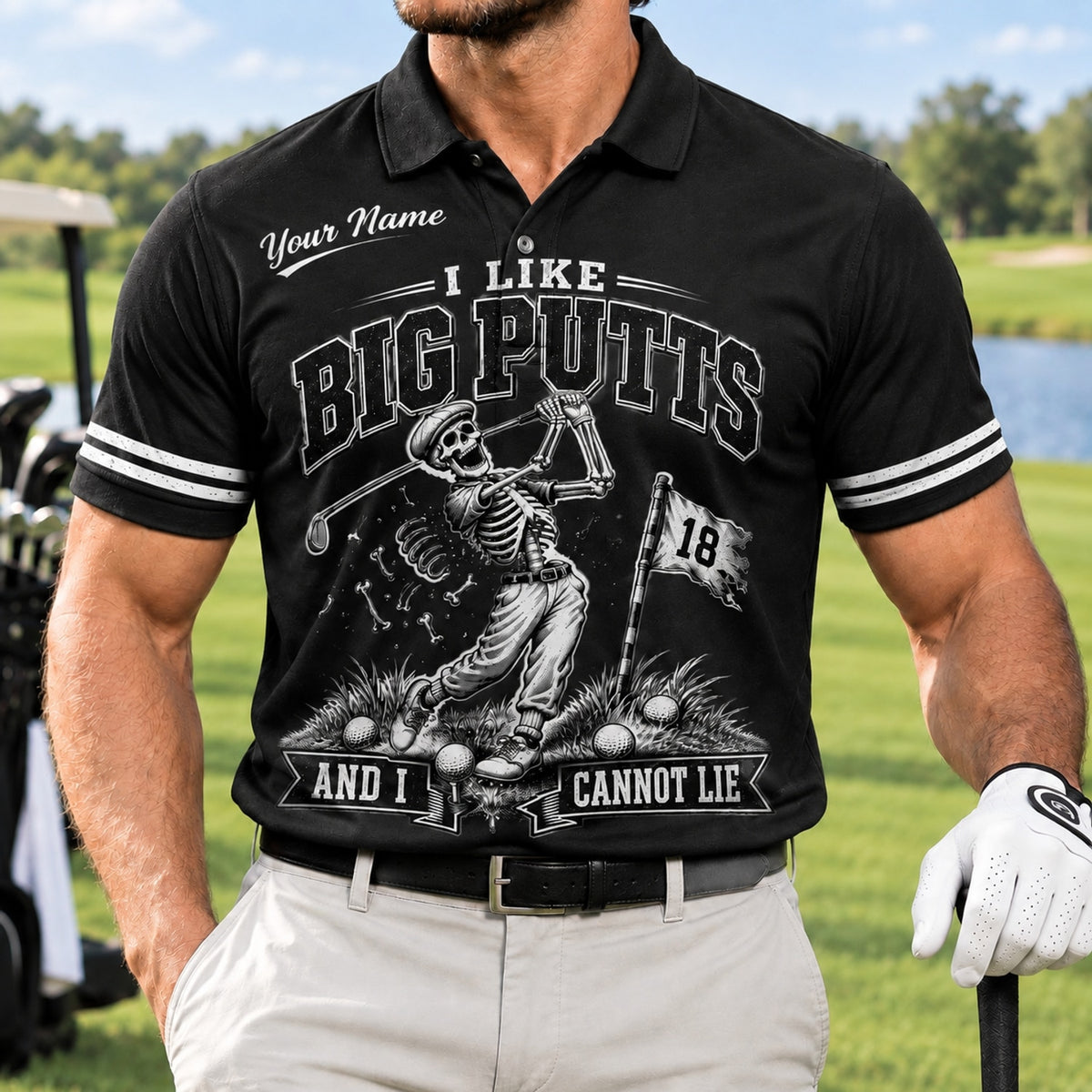Skeleton Golfer Big Putts Sport Custom Golf Polo Shirt Front View