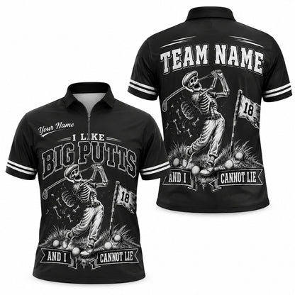 Skeleton Golfer Big Putts Sport Custom Golf Polo Shirt Jersey Zip 1 4 Collar