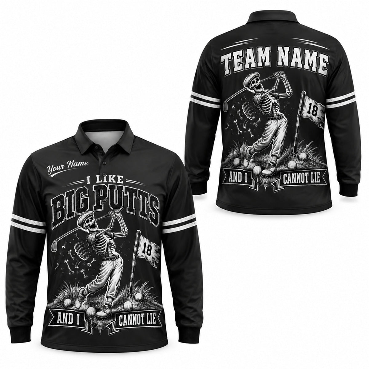 Skeleton Golfer Big Putts Sport Custom Golf Polo Shirt Long Sleeve Polo