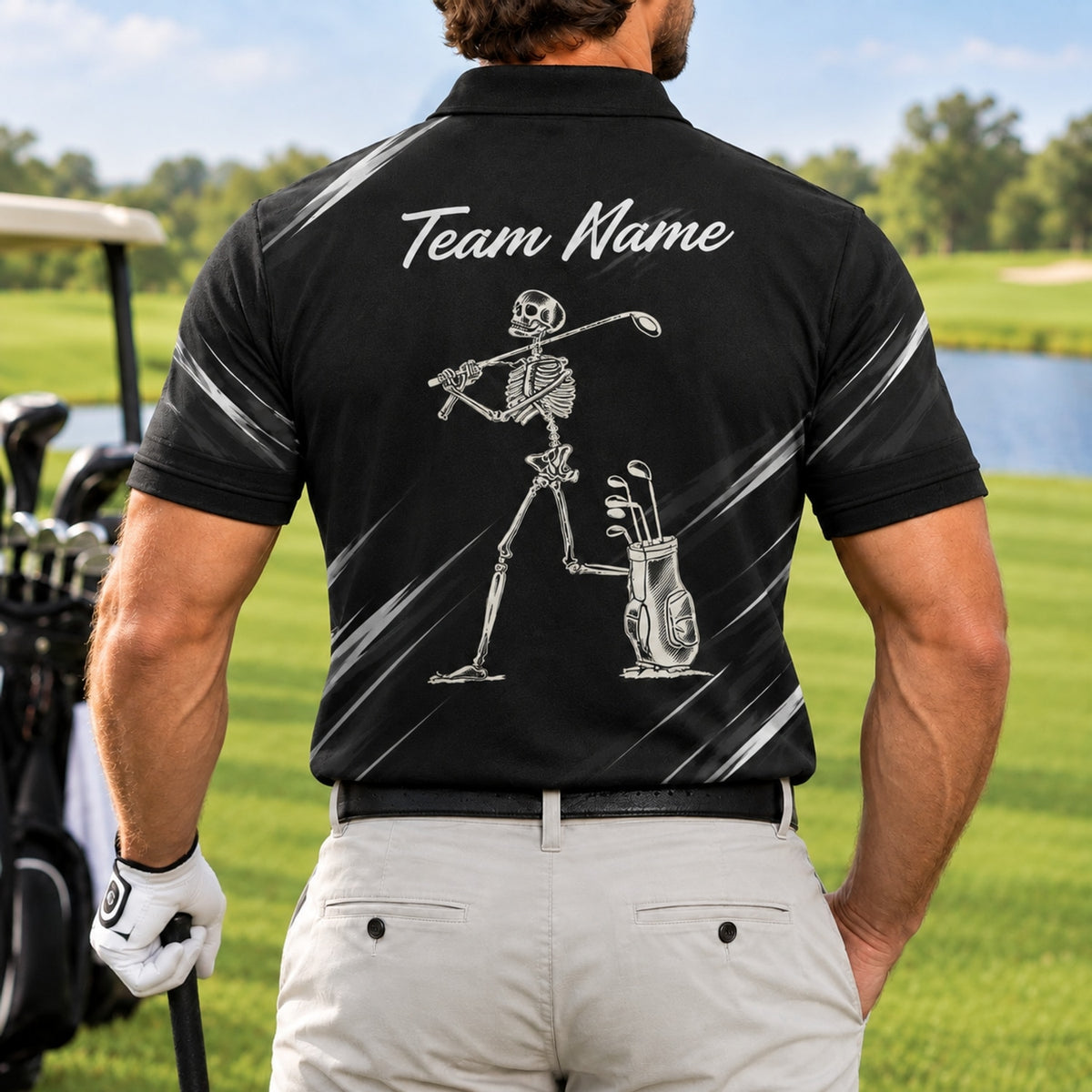 Skeleton Golfer Graphic Custom Golf Polo Shirt Back View