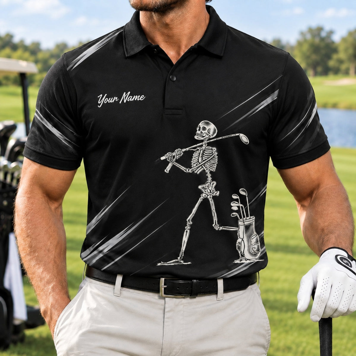 Skeleton Golfer Graphic Custom Golf Polo Shirt Front View