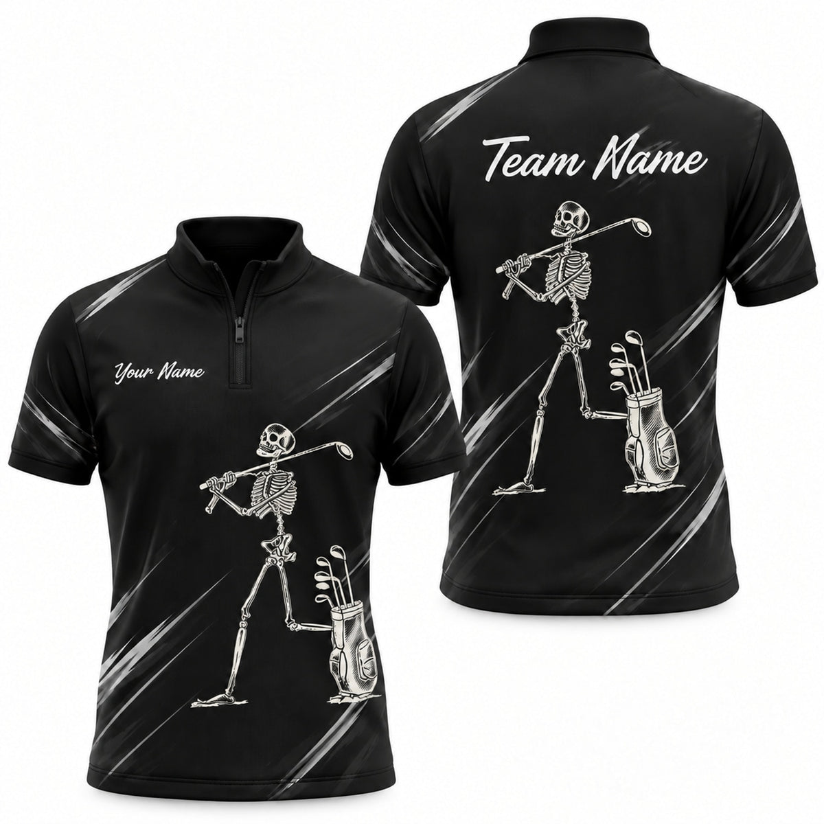 Skeleton Golfer Graphic Custom Golf Polo Shirt Jersey Zip 1 4 Collar