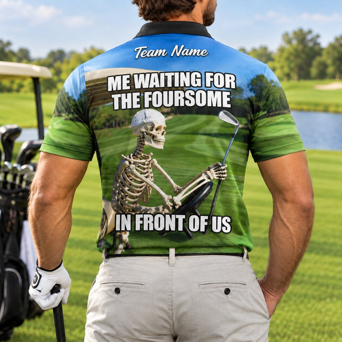 Skeleton Golfer Meme Sport Personalized Golf Polo Shirt Back View
