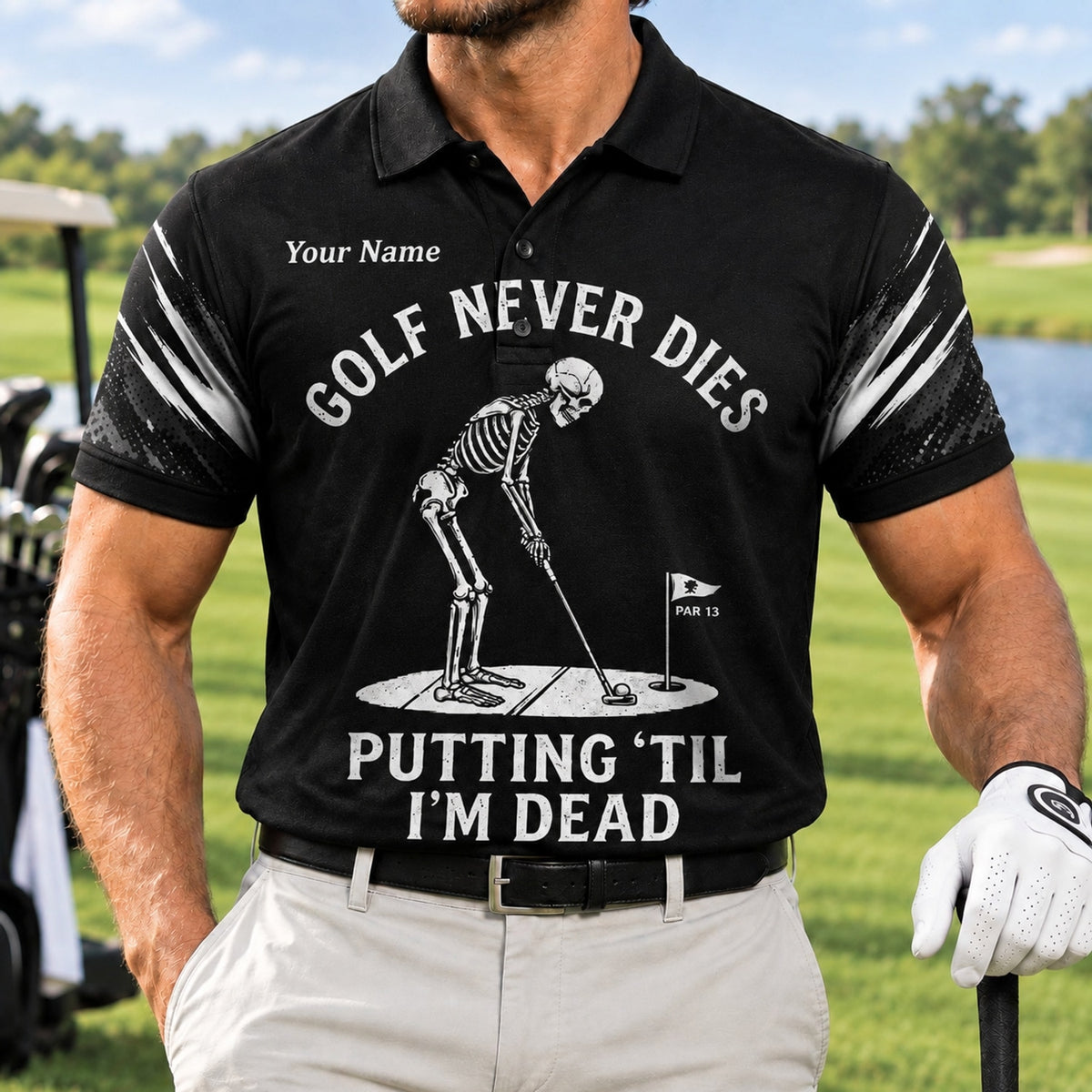 Skeleton Golfer Putting Sport Custom Golf Polo Shirt Front View