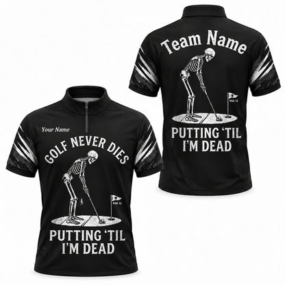 Skeleton Golfer Putting Sport Custom Golf Polo Shirt Jersey Zip 1 4 Collar