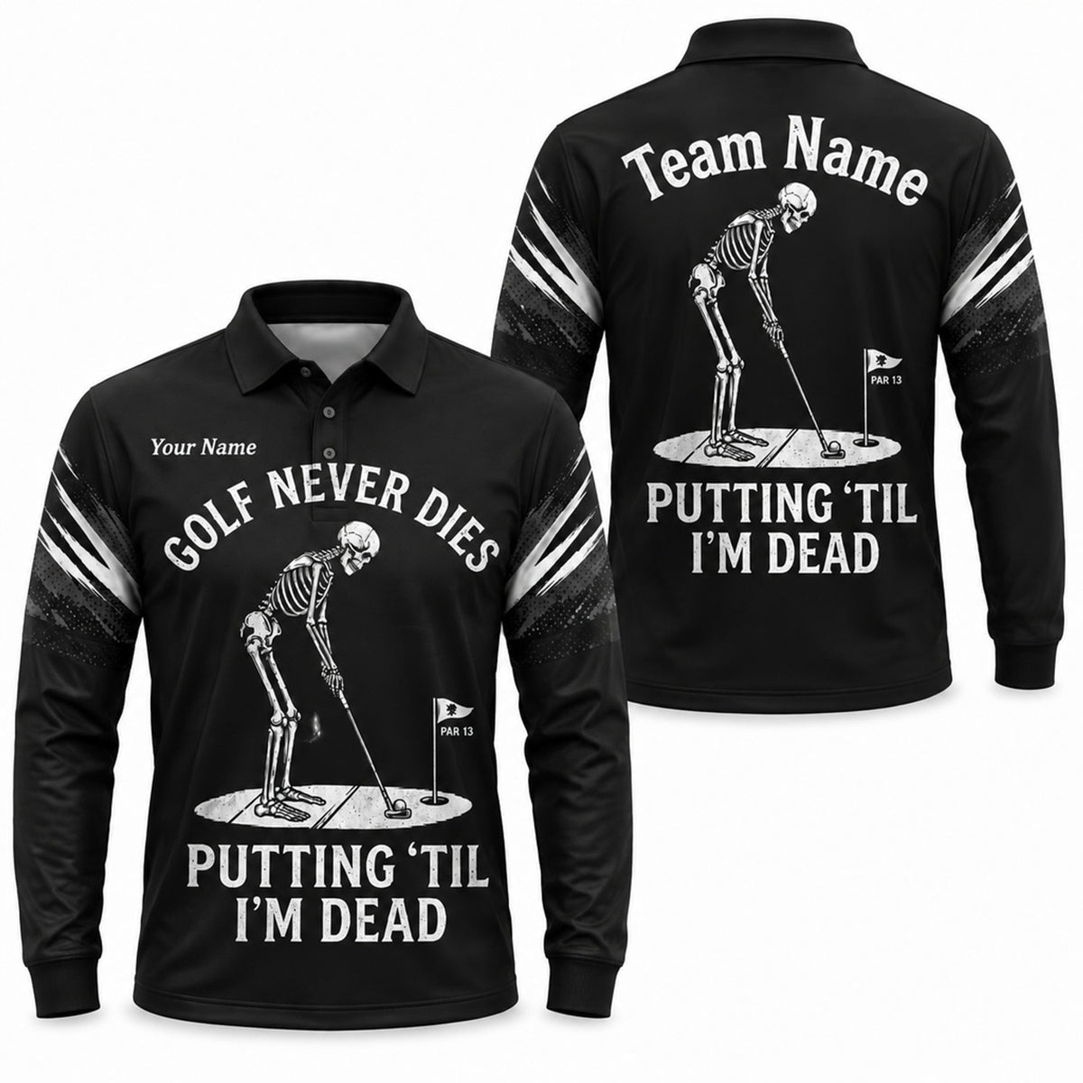 Skeleton Golfer Putting Sport Custom Golf Polo Shirt Long Sleeve Polo