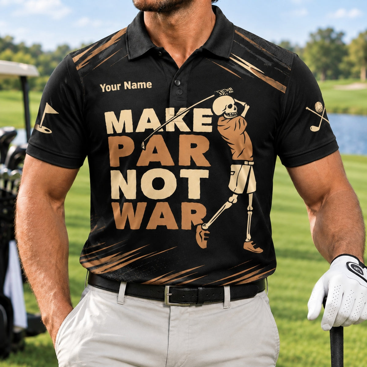 Skeleton Golfer Slogan Sport Personalized Golf Polo Shirt Front View
