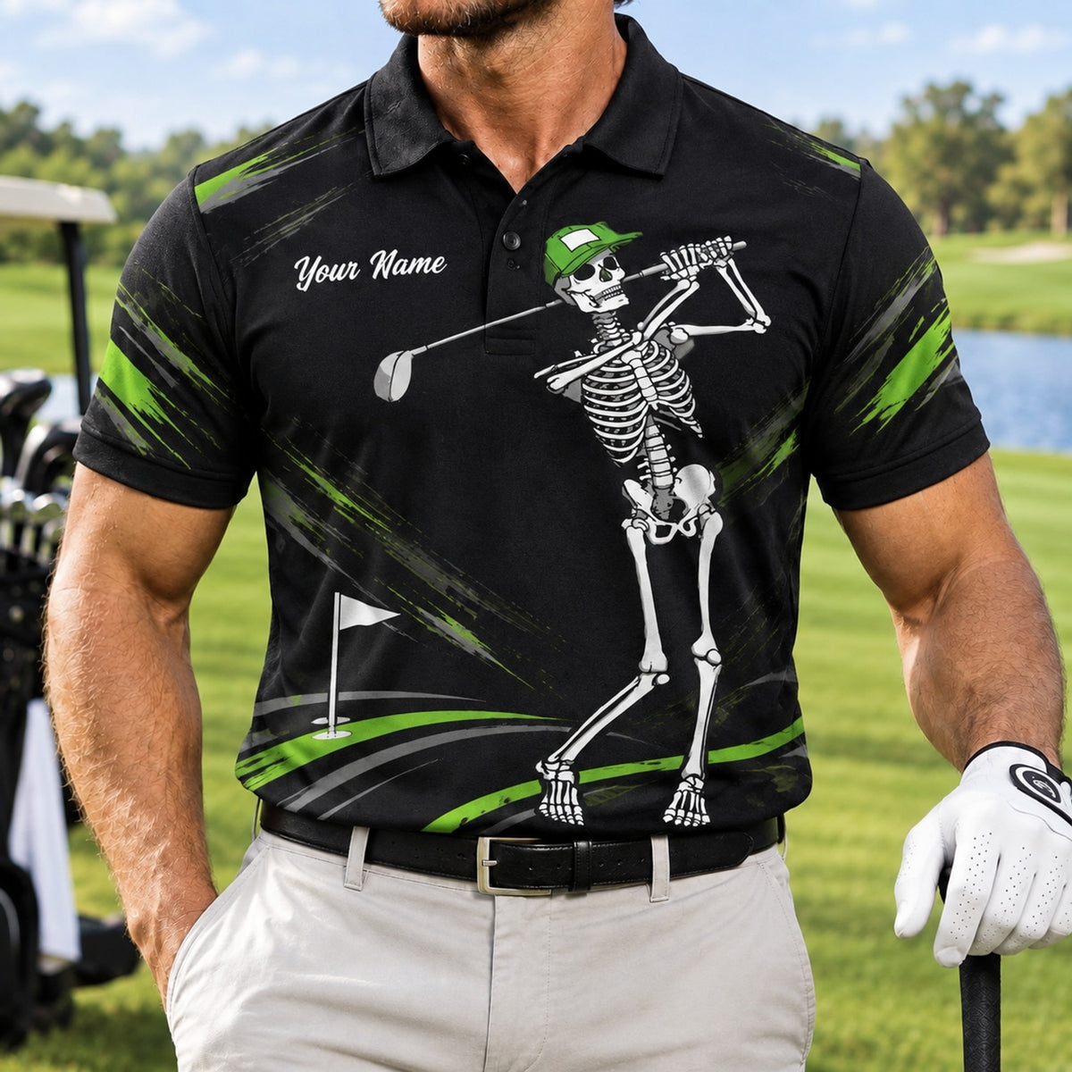 Skeleton Golfer Sport Personalized Golf Polo Shirt Front View