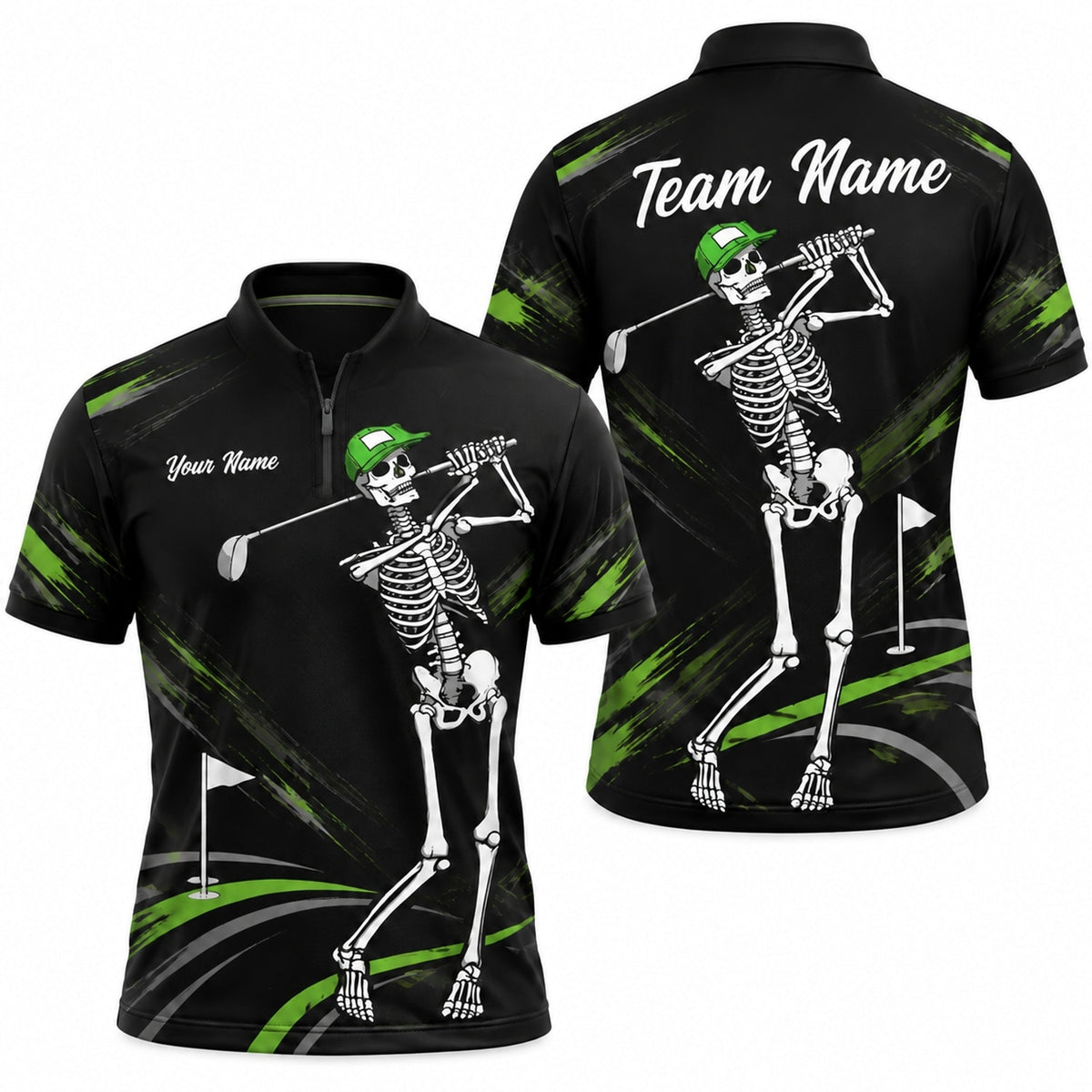 Skeleton Golfer Sport Personalized Golf Polo Shirt Jersey Zip 1 4 Collar