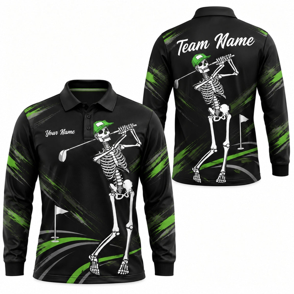 Skeleton Golfer Sport Personalized Golf Polo Shirt Long Sleeve Polo