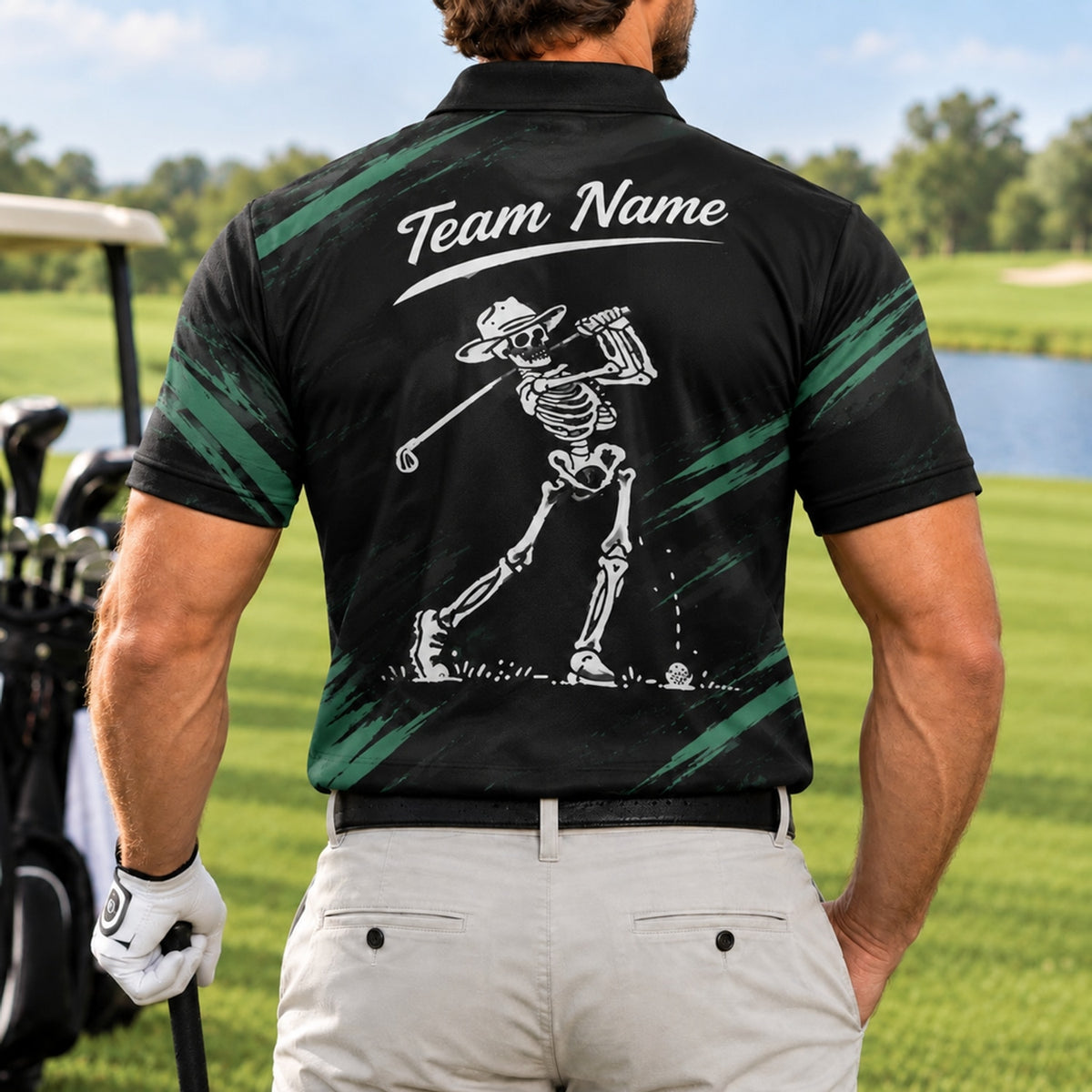 Skeleton Golfer Swing Sport Custom Golf Polo Shirt Back View