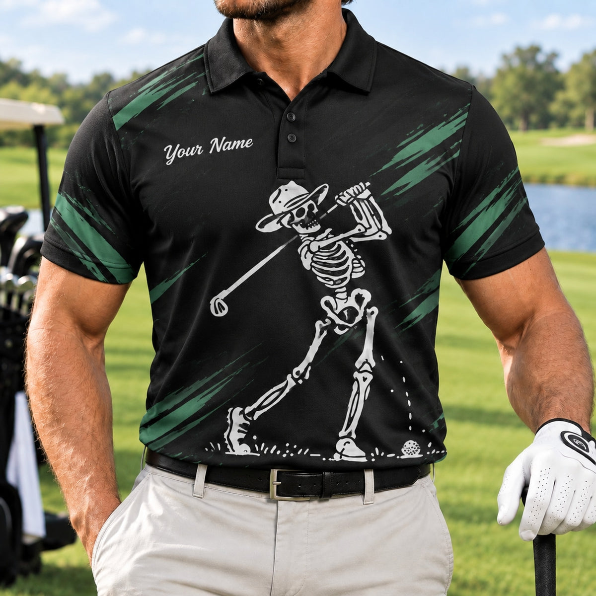 Skeleton Golfer Swing Sport Custom Golf Polo Shirt Front View
