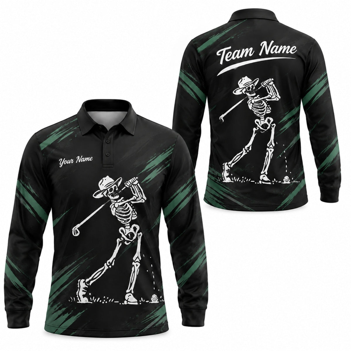 Skeleton Golfer Swing Sport Custom Golf Polo Shirt Long Sleeve Polo