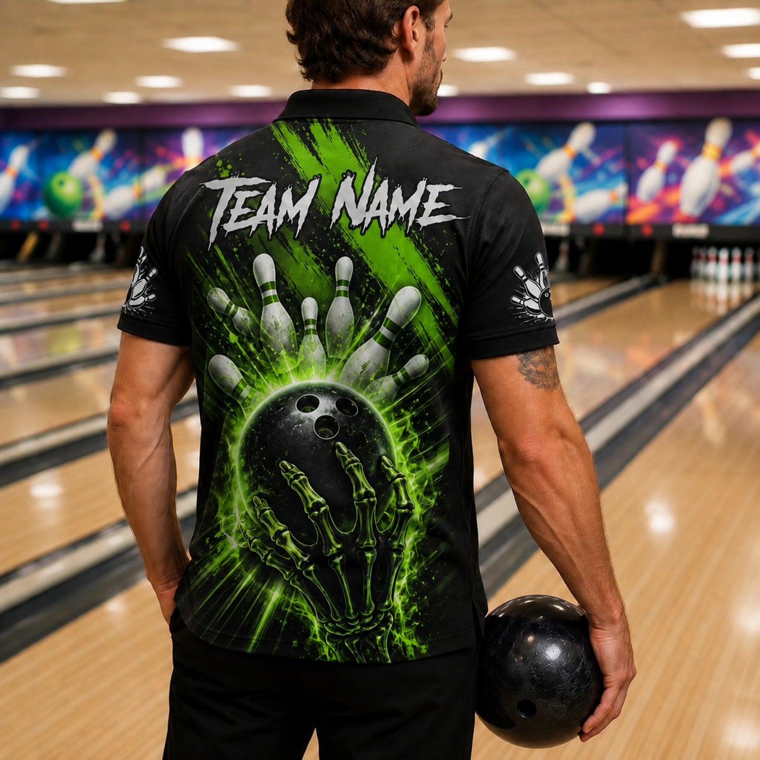 Skeleton Hand Bowling Ball Graphic Custom Bowling Polo Shirt Back View