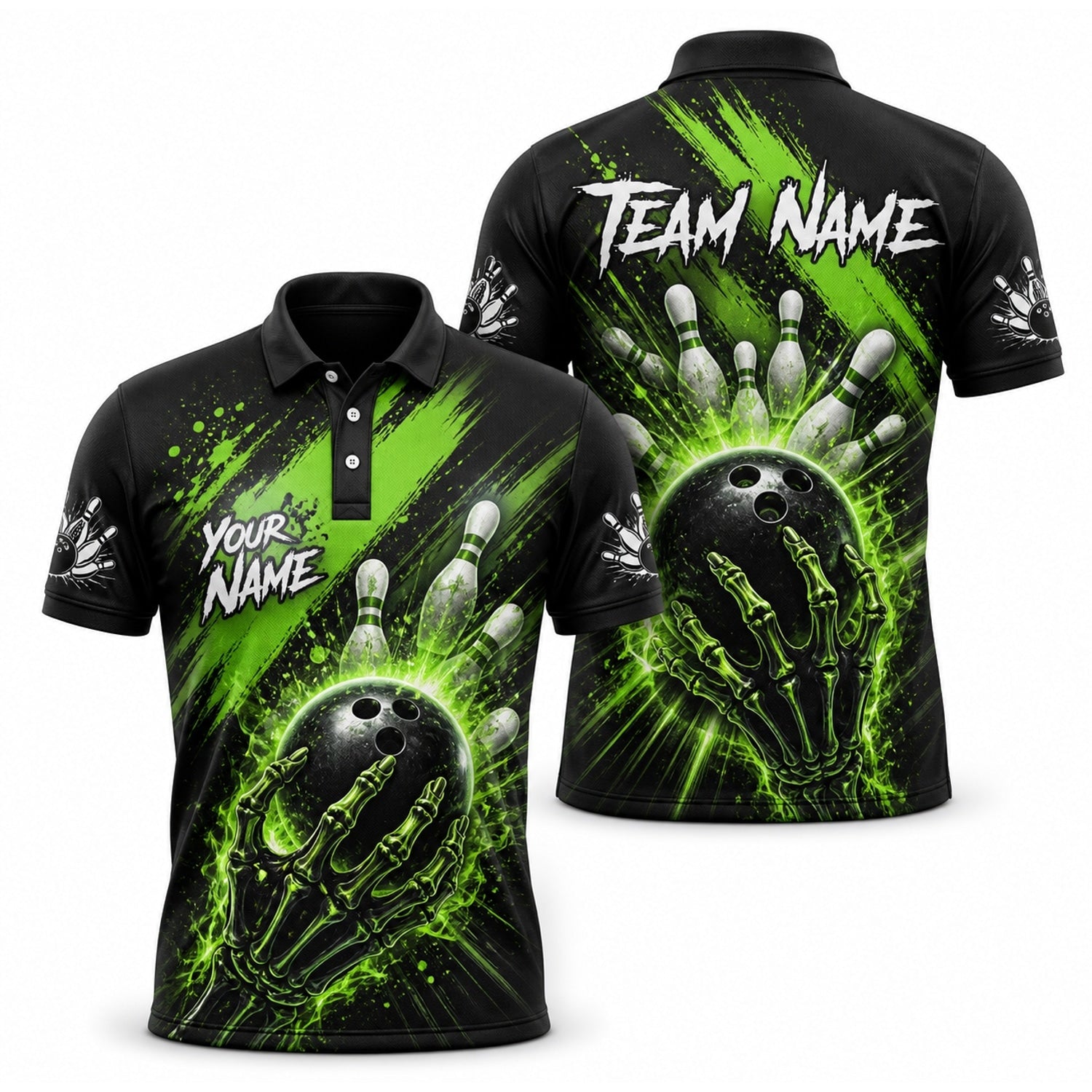 Skeleton Hand Bowling Ball Graphic Custom Bowling Polo Shirt