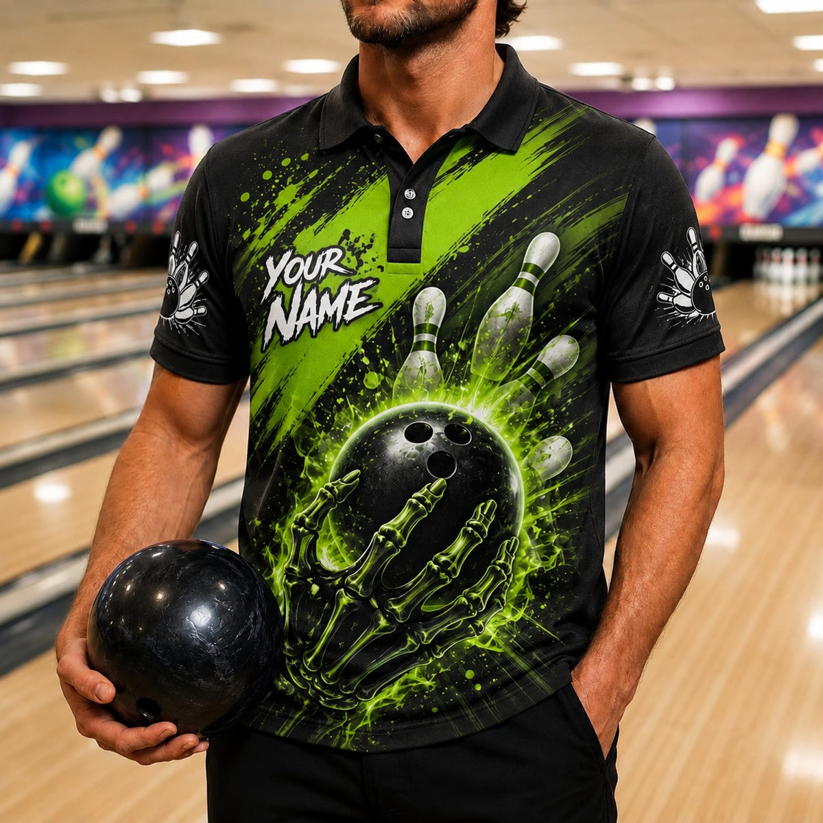 Skeleton Hand Bowling Ball Graphic Custom Bowling Polo Shirt Front View