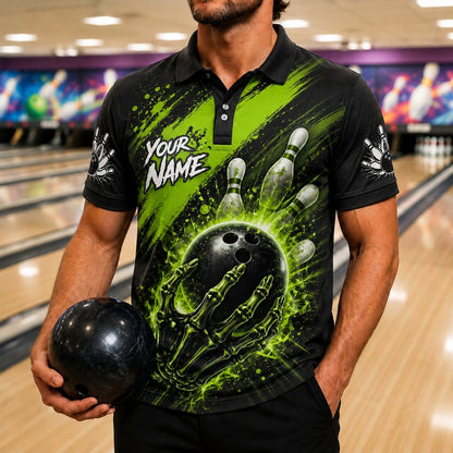 Skeleton Hand Bowling Ball Graphic Custom Bowling Polo Shirt Front View