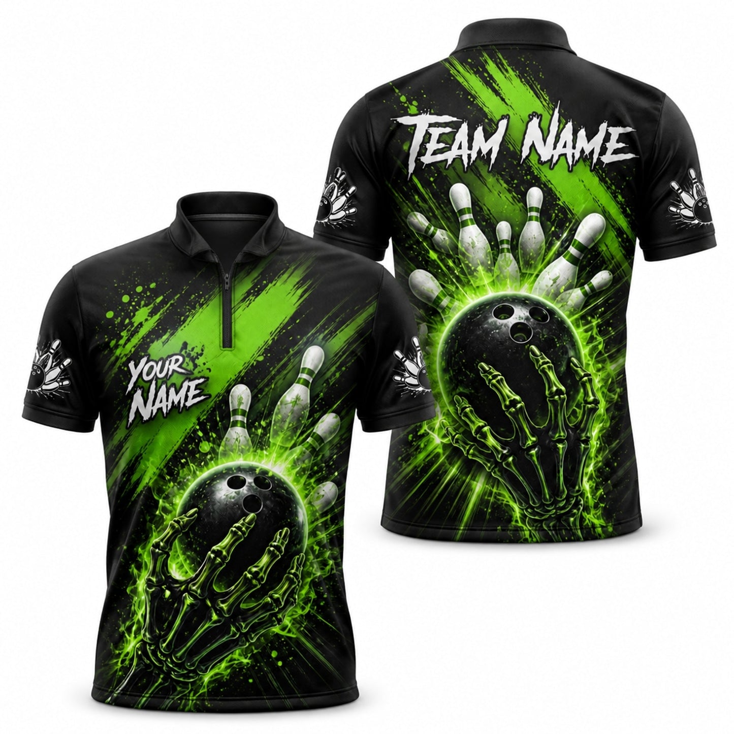 Skeleton Hand Bowling Ball Graphic Custom Bowling Polo Shirt Jersey Zip 1 4 Collar