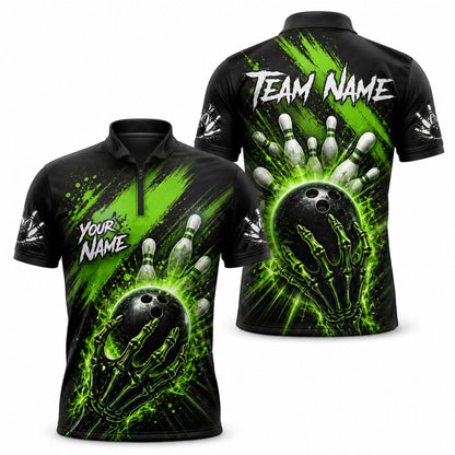 Skeleton Hand Bowling Ball Graphic Custom Bowling Polo Shirt Jersey Zip 1 4 Collar