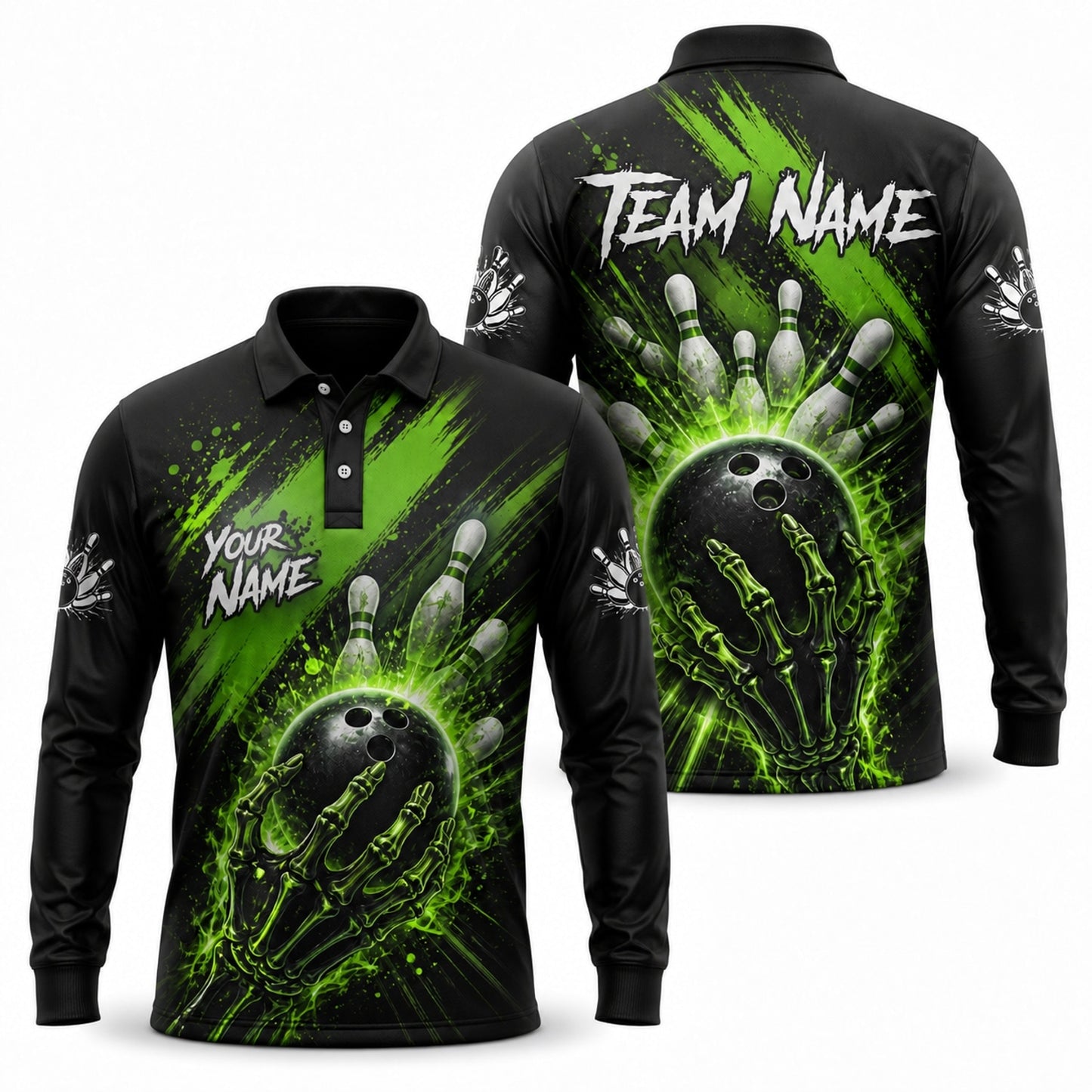 Skeleton Hand Bowling Ball Graphic Custom Bowling Polo Shirt Long Sleeve Polo