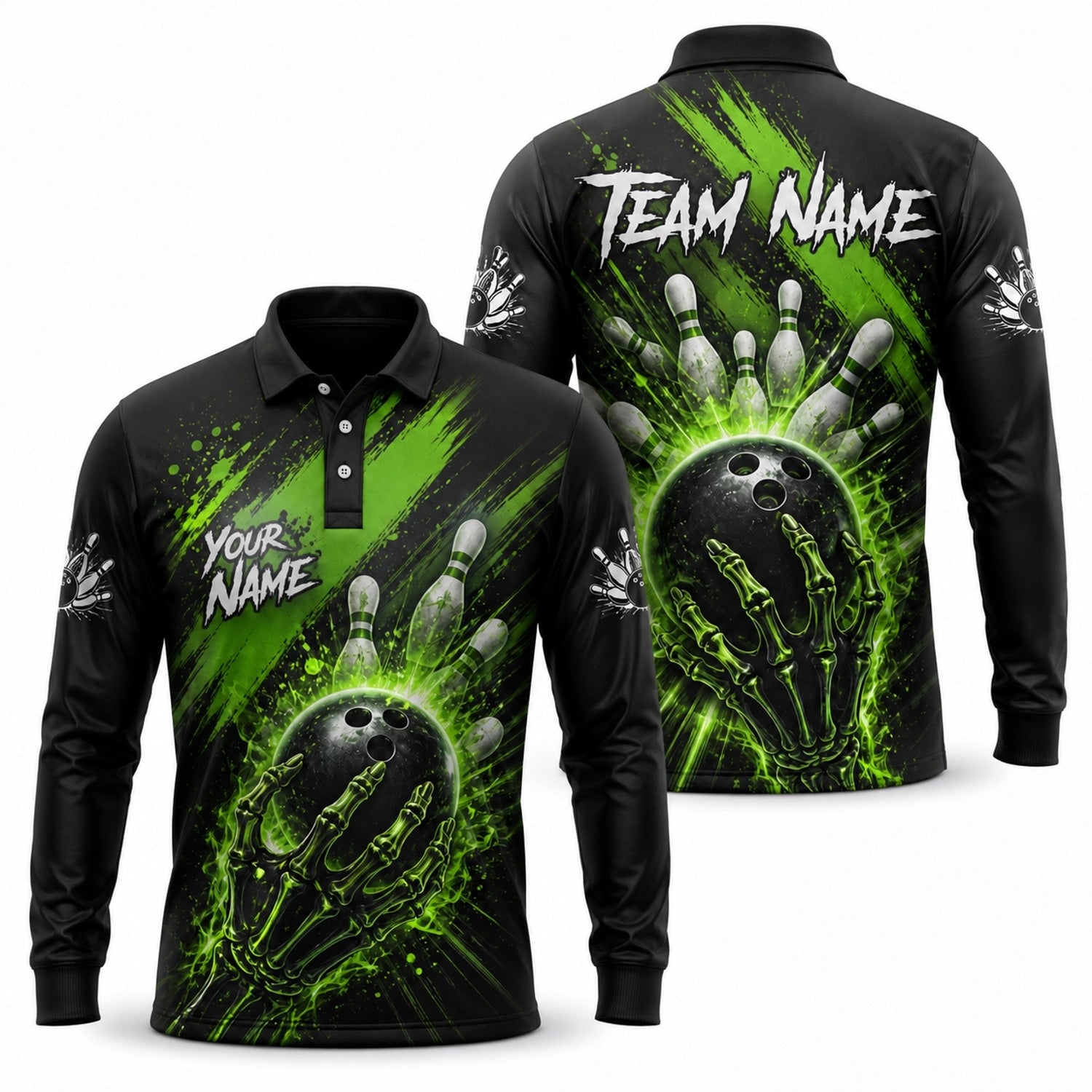 Skeleton Hand Bowling Ball Graphic Custom Bowling Polo Shirt Long Sleeve Polo