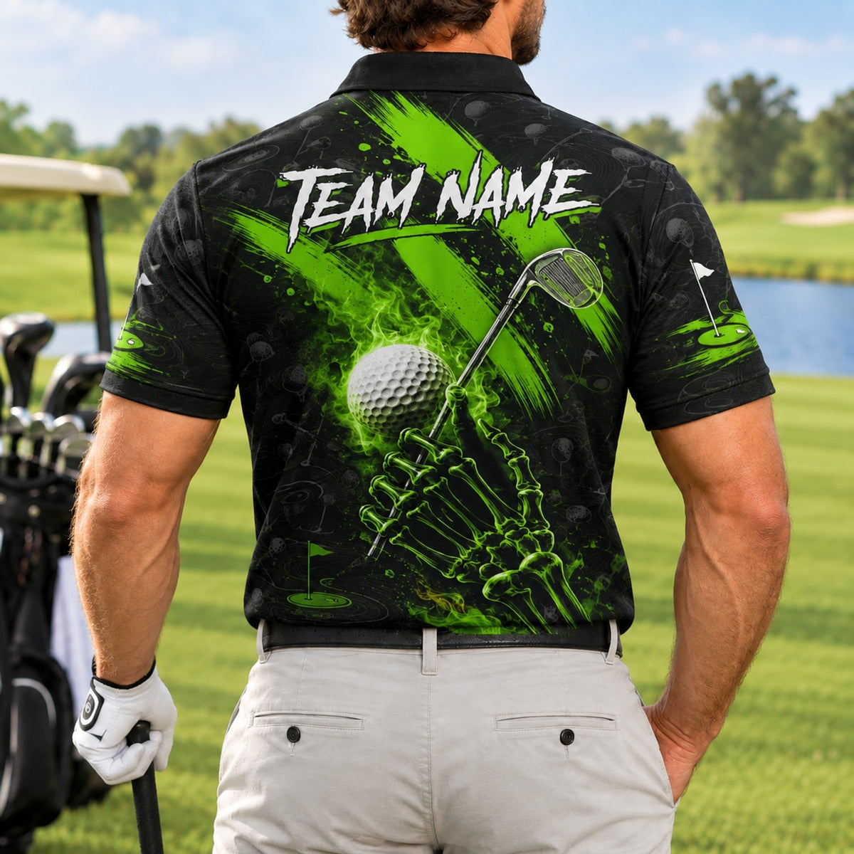 Skeleton Hand Golf Club Sport Personalized Golf Polo Shirt Back View