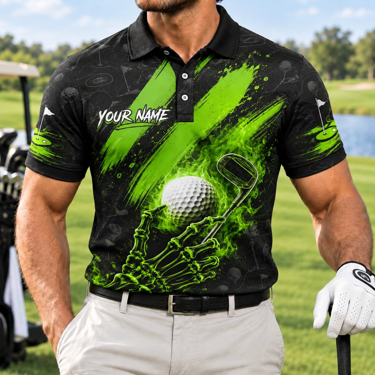 Skeleton Hand Golf Club Sport Personalized Golf Polo Shirt Front View