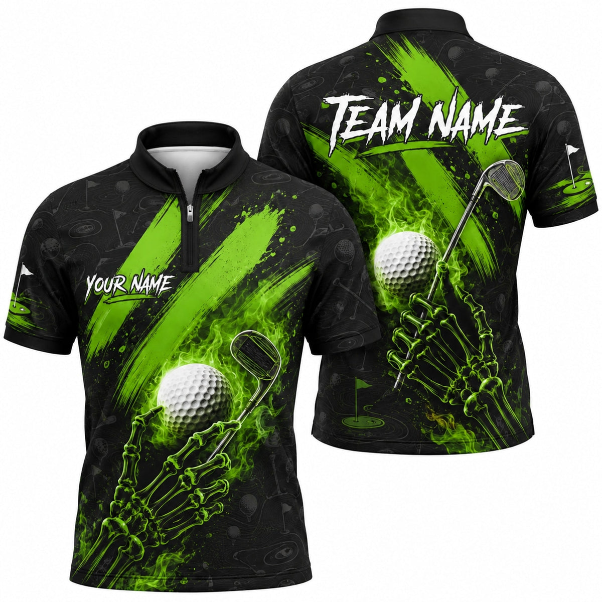 Skeleton Hand Golf Club Sport Personalized Golf Polo Shirt Jersey Zip 1 4 Collar