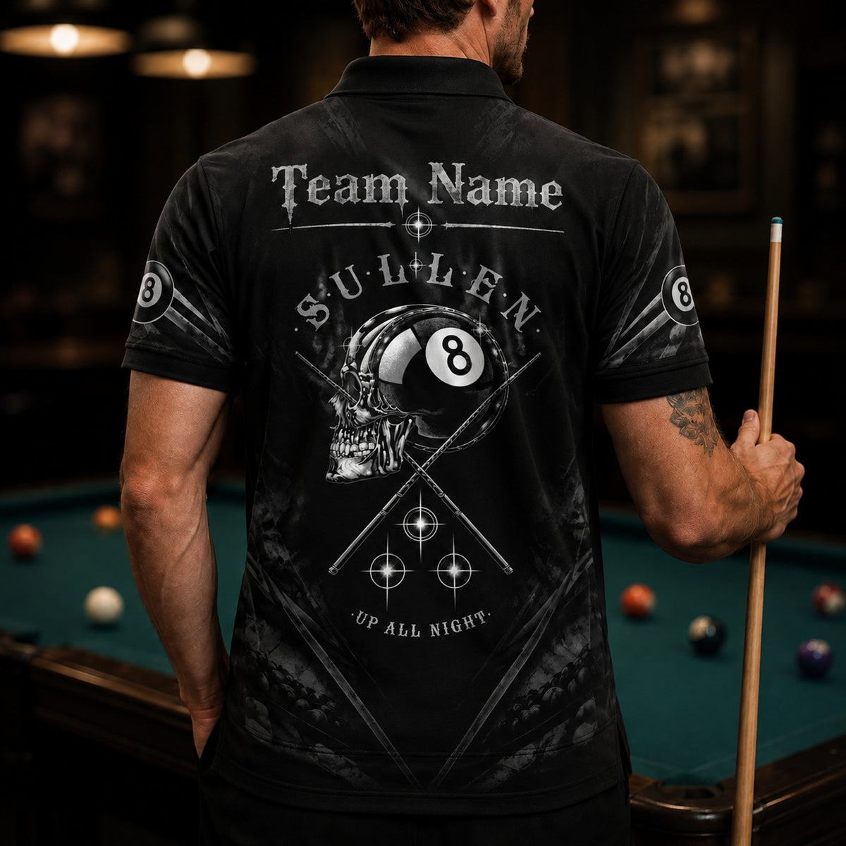 Skull 8 Ball Cues Modern Personalized Billiard Polo Shirt Back View