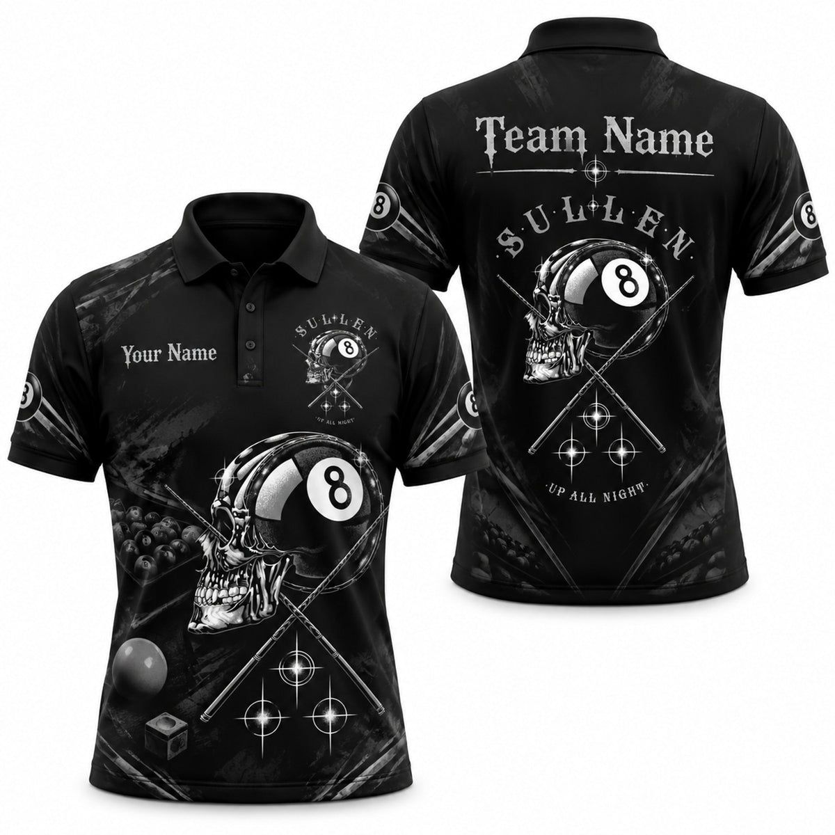 Skull 8 Ball Cues Modern Personalized Billiard Polo Shirt