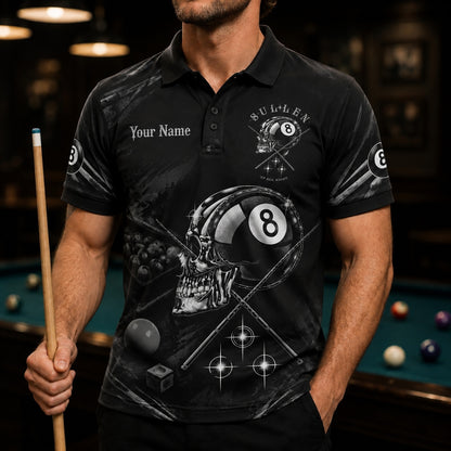 Skull 8 Ball Cues Modern Personalized Billiard Polo Shirt Front View