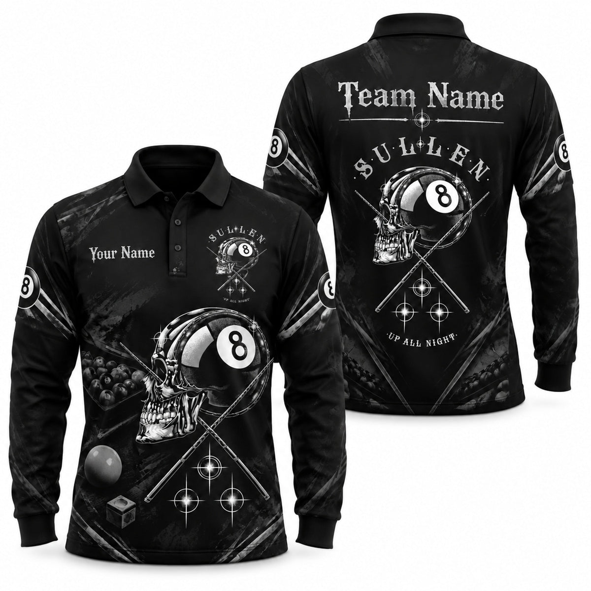 Skull 8 Ball Cues Modern Personalized Billiard Polo Shirt Long Sleeve Polo