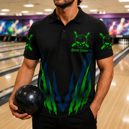 Skull Bowling Ball Sport Custom Bowling Polo Shirt Front View