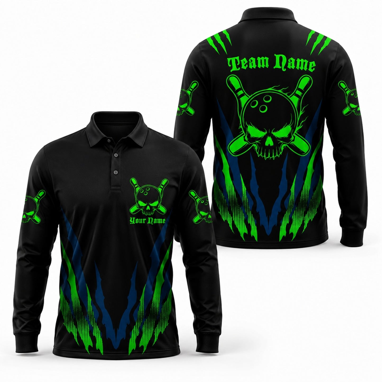 Skull Bowling Ball Sport Custom Bowling Polo Shirt Long Sleeve Polo