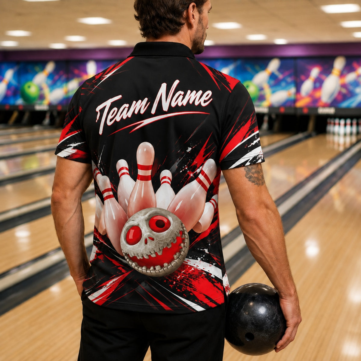 Skull Bowling Ball Strike Sport Custom Bowling Polo Shirt Back View