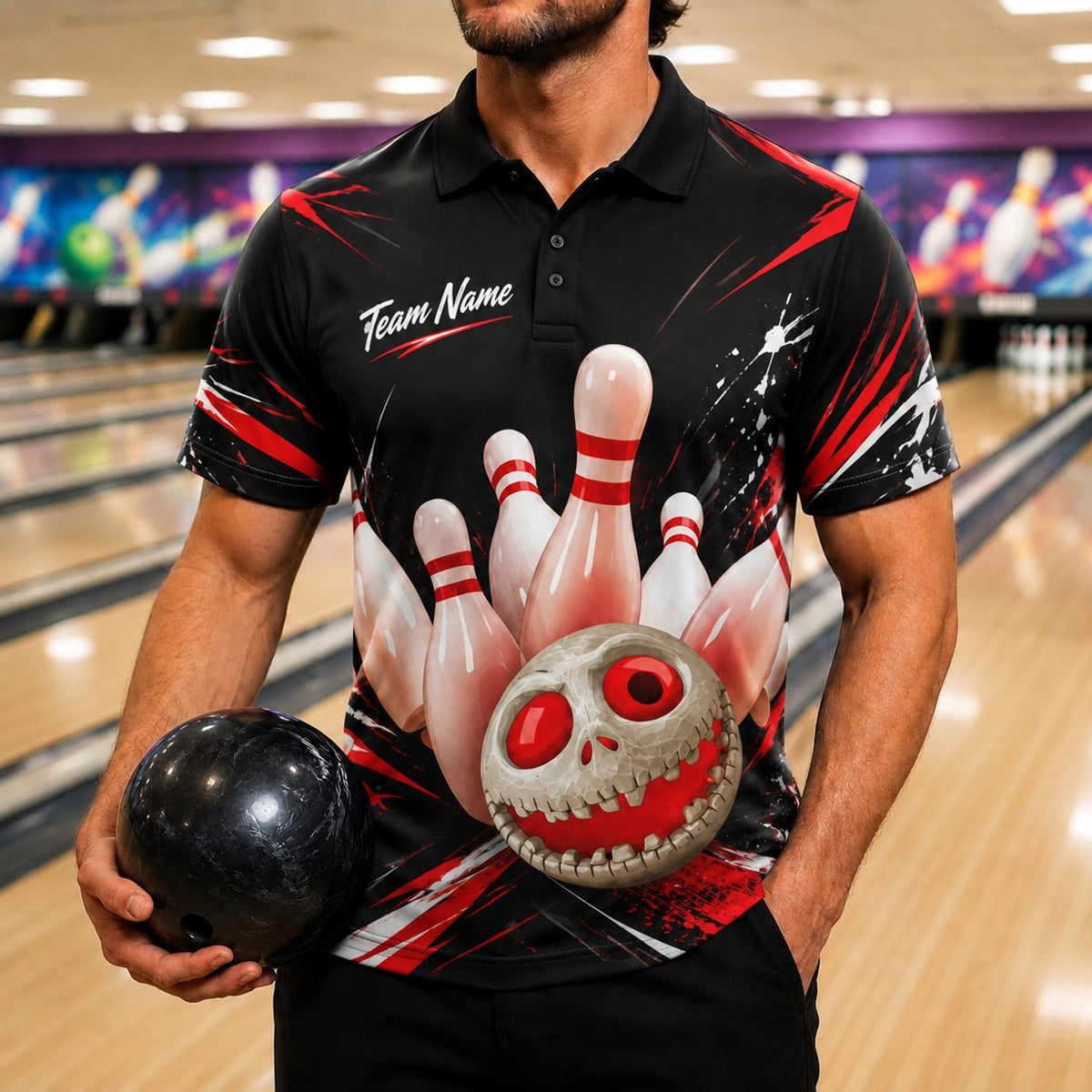 Skull Bowling Ball Strike Sport Custom Bowling Polo Shirt Front View