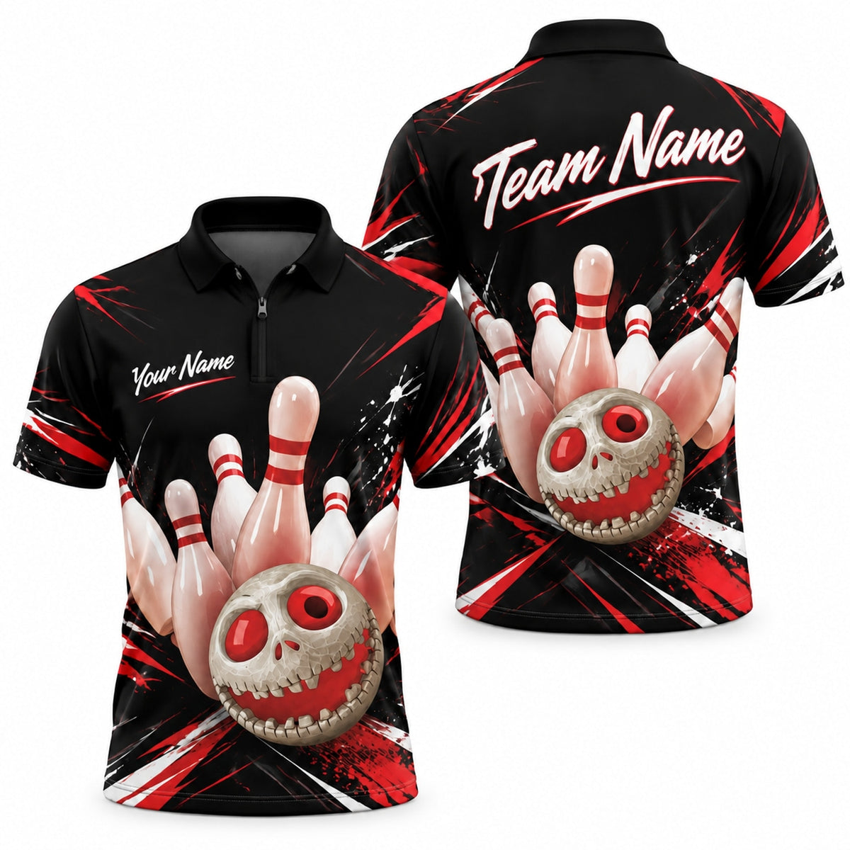 Skull Bowling Ball Strike Sport Custom Bowling Polo Shirt Jersey Zip 1 4 Collar