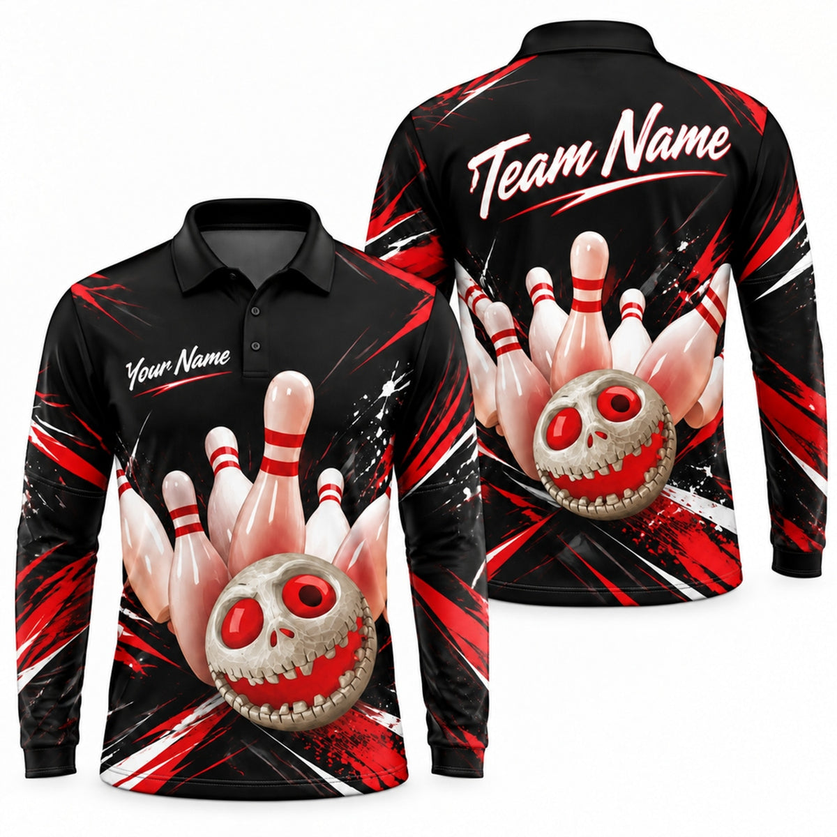 Skull Bowling Ball Strike Sport Custom Bowling Polo Shirt Long Sleeve Polo