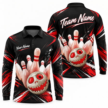 Skull Bowling Ball Strike Sport Custom Bowling Polo Shirt Long Sleeve Polo