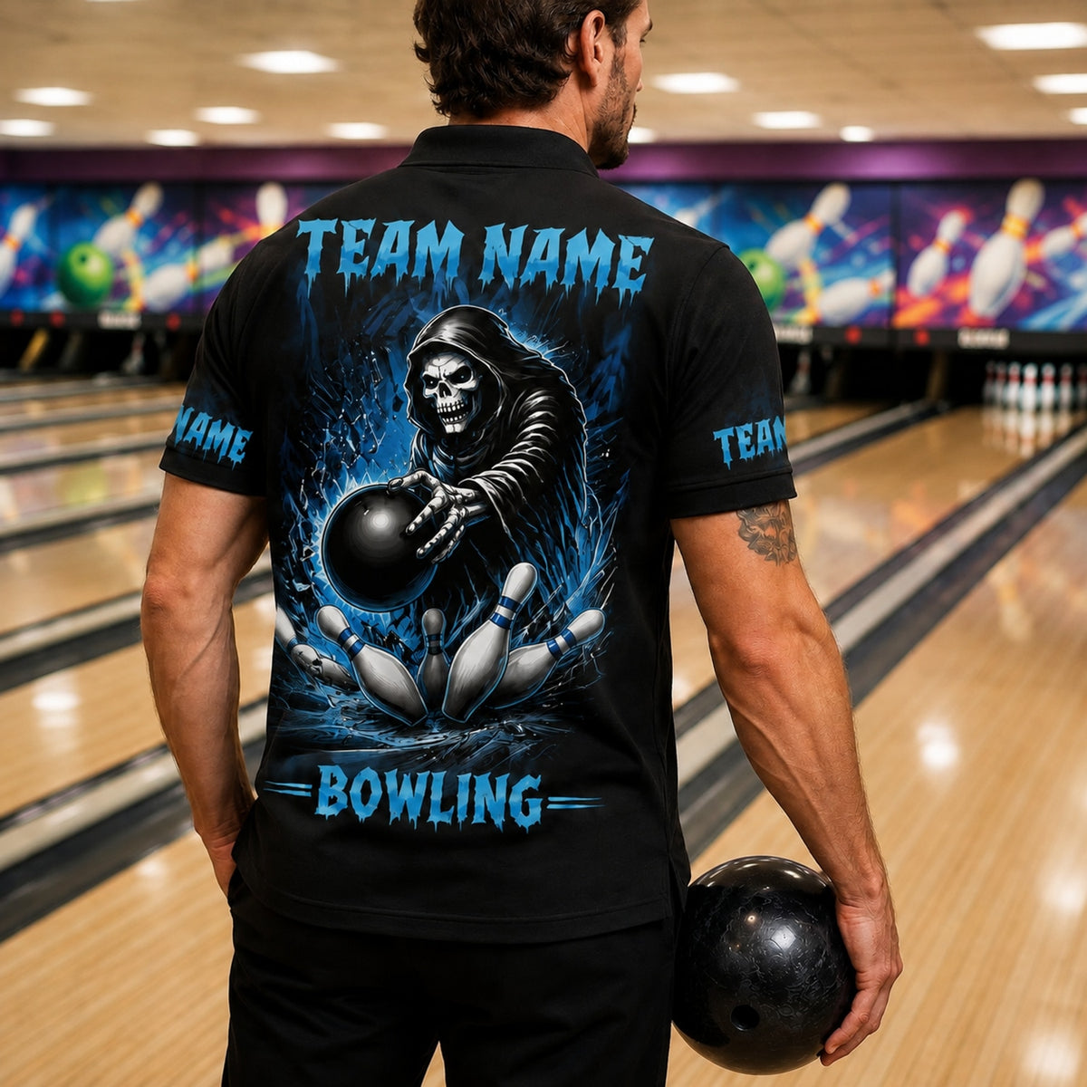 Skull Bowling Strike Graphic Custom Bowling Polo Shirt Back View